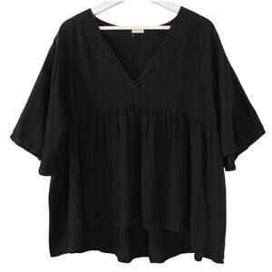Marche Black Linen Babydoll Tunic Top Minimalist Lagenlook Italy One Size